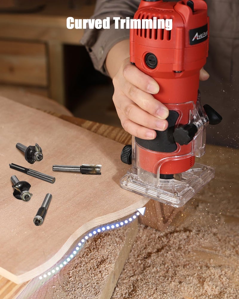 AVID POWER 630W 5.3 Amp Wood Router Tool with Fixed Base Compact Router for Woodworking, 35,000 RPM, 1/4” collet & 5 Trim Bits, Straight & Roller Guide, 2 Wrenches and Carbon Brushes - Image 5